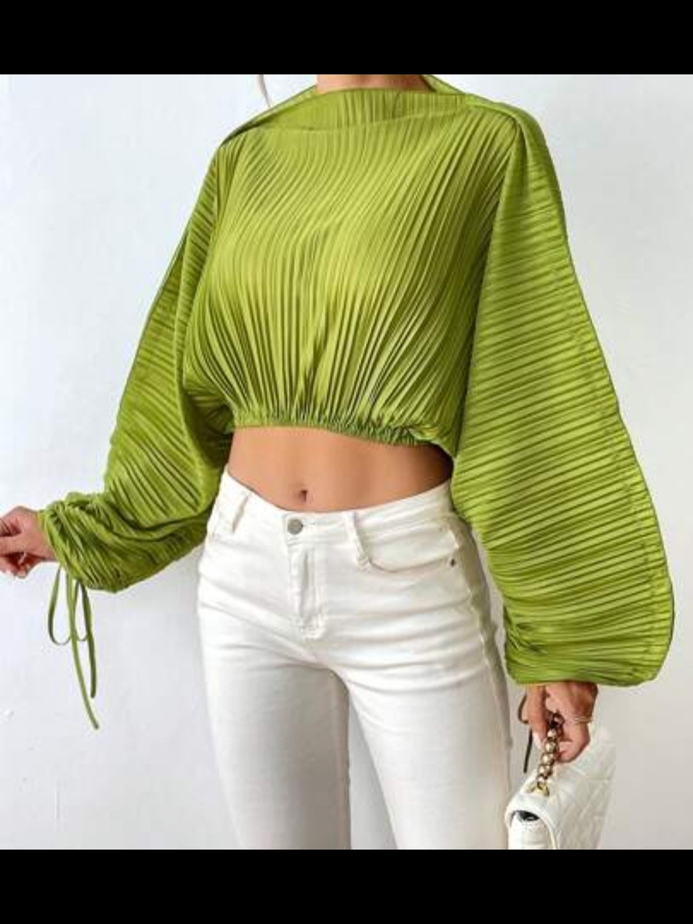 SHEIN Lime Green Pleated Crop Top with Balloon Sleeves